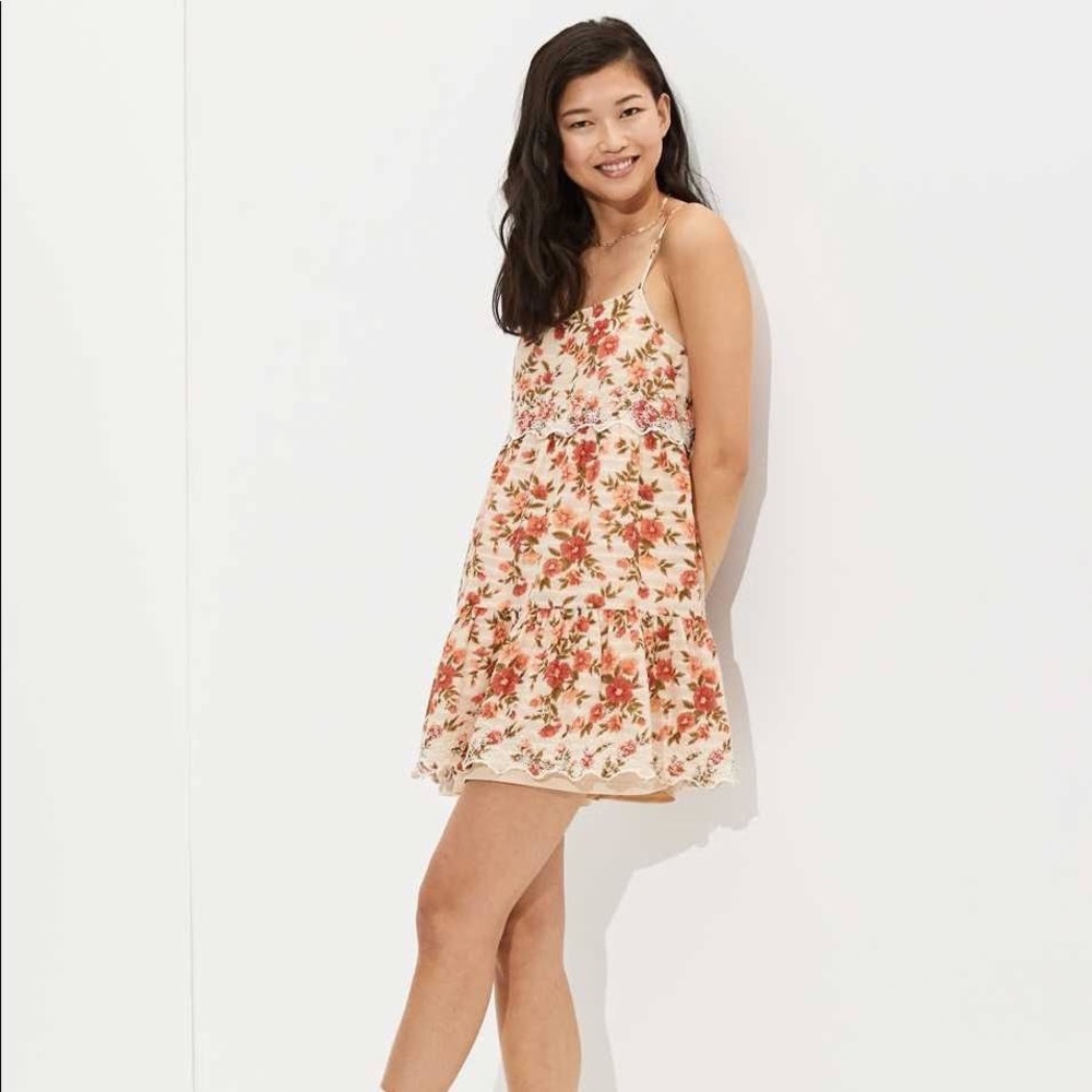 American Eagle Floral Embroidered Tiered Babydoll Dress